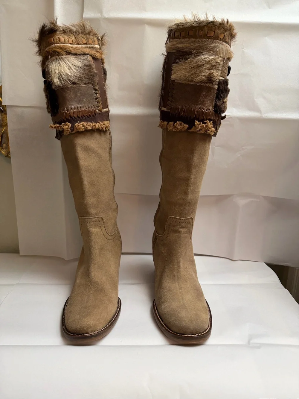 Apepazza -Knee  high Tan Suede Boots with Fur Patchwork Cuff